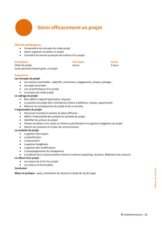 © LinkPerformance - 22
Objectifs pédagogiques
 Comprendre les concepts du mode projet
 Savoir organiser et piloter un projet
 Connaître les bonnes pratiques de maîtrise d’un projet
Participants Pré-requis Durée
Chefs de projet, Aucun 2 jours
toute personne devant gérer un projet
Programme
Les concepts du projet
 Les notions essentielles : objectifs, contraintes, engagements, phases, pilotage…
 Les types de projets
 Les caractéristiques d’un projet
 Les enjeux du mode projet
Le cadrage du projet
 Bien définir l’objectif (périmètre, impacts)
 La position du projet dans l’entreprise (niveau d’adhésion, risques, opportunité)
 Mesurer les conséquences du projet et de sa réussite
L’organisation du projet
 Structurer le projet en phases et jalons efficaces
 Définir l’exhaustivité des produits et activités du projet
 Identifier les acteurs du projet
 Prévoir les délais et les coûts en initiant la planification et la gestion budgétaire du projet
 Décrire les instances et le plan de communication
La conduite du projet
 La gestion des risques
 La planification
 L’avancement
 La gestion budgétaire
 La gestion des modifications
 L’accompagnement du changement
 La maîtrise de la communication interne et externe (reporting, réunions, fédération des acteurs)
La clôture d’un projet
 Les enjeux de la fin d’un projet
 Les acteurs et les livrables
Conclusion
Mises en pratique : quizz, simulations de réunion et étude de cas fil rouge
GestiondeProjets
 