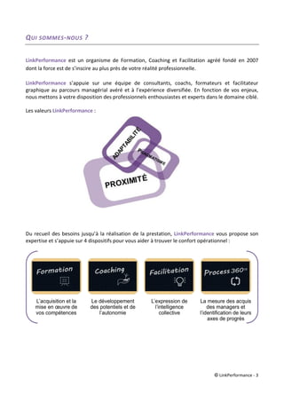 © LinkPerformance - 3
QUI SOMMES-NOUS ?
LinkPerformance est un organisme de Formation, Coaching et Facilitation agréé fondé en 2007
dont la force est de s’inscire au plus près de votre réalité professionnelle.
LinkPerformance s’appuie sur une équipe de consultants, coachs, formateurs et facilitateur
graphique au parcours managérial avéré et à l’expérience diversifiée. En fonction de vos enjeux,
nous mettons à votre disposition des professionnels enthousiastes et experts dans le domaine ciblé.
Les valeurs LinkPerformance :
Du recueil des besoins jusqu’à la réalisation de la prestation, LinkPerformance vous propose son
expertise et s’appuie sur 4 dispositifs pour vous aider à trouver le confort opérationnel :
 