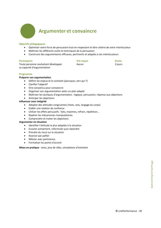 © LinkPerformance - 39
Objectifs pédagogiques
 Optimiser votre force de persuasion tout en respectant le libre arbitre de votre interlocuteur
 Maîtriser les différents outils et techniques de la persuasion
 Construire des argumentaires efficaces, pertinents et adaptés à ses interlocuteurs
Participants Pré-requis Durée
Toute personne souhaitant développer Aucun 2 jours
sa capacité d'argumentation
Programme
Préparer son argumentation
 Définir les enjeux et le contexte (pourquoi, vers qui ?)
 Clarifier l'objectif
 Etre convaincu pour convaincre
 Organiser son argumentation selon un plan adapté
 Maîtriser les tactiques d'argumentation : logique, persuasion, réponse aux objections
 Anticiper les objections
Influencer avec intégrité
 Adopter des attitudes congruentes (mots, voix, langage du corps)
 Etablir une relation de confiance
 Utiliser les effets persuasifs : faits, maximes, refrain, répétition...
 Repérer les mécanismes manipulatoires
 Comprendre et traiter les objections
Argumenter en situation
 Identifier l'attitude la plus adaptée à la situation
 Ecouter activement, reformuler puis répondre
 Prendre du recul sur la situation
 Avancer par pallier
 Réfuter avec pertinence.
 Formaliser les points d'accord
Mises en pratique : tests, jeux de rôles, simulations d’entretien
Efficacitéprofessionnelle
 