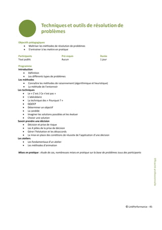 © LinkPerformance - 45
Objectifs pédagogiques
 Maîtriser les méthodes de résolution de problèmes
 S’entrainer à les mettre en pratique
Participants Pré-requis Durée
Tout public Aucun 1 jour
Programme
Introduction
 Définition
 Les différents types de problèmes
Les méthodes
 Connaître les méthodes de raisonnement (algorithmique et heuristique)
 La méthode de l’entonnoir
Les techniques
 Le « C’est / Ce n’est pas »
 L’abécédaire
 La technique des « Pourquoi ? »
 QQOCP
 Déterminer un objectif
 La candide
 Imaginer les solutions possibles et les évaluer
 Choisir une solution
Savoir prendre une décision
 Décision et prise de risque
 Les 4 pôles de la prise de décision
 Gérer l’hésitation et les désaccords
 La mise en place des conditions de réussite de l’application d’une décision
Les ateliers
 Les fondamentaux d’un atelier
 Les méthodes d’animation
Mises en pratique : étude de cas, nombreuses mises en pratique sur la base de problèmes issus des participants
Efficacitéprofessionnelle
 