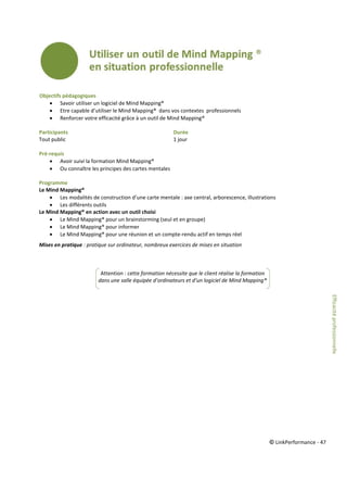 © LinkPerformance - 47
Objectifs pédagogiques
 Savoir utiliser un logiciel de Mind Mapping®
 Etre capable d’utiliser le Mind Mapping® dans vos contextes professionnels
 Renforcer votre efficacité grâce à un outil de Mind Mapping®
Participants Durée
Tout public 1 jour
Pré-requis
 Avoir suivi la formation Mind Mapping®
 Ou connaître les principes des cartes mentales
Programme
Le Mind Mapping®
 Les modalités de construction d’une carte mentale : axe central, arborescence, illustrations
 Les différents outils
Le Mind Mapping® en action avec un outil choisi
 Le Mind Mapping® pour un brainstorming (seul et en groupe)
 Le Mind Mapping® pour informer
 Le Mind Mapping® pour une réunion et un compte-rendu actif en temps réel
Mises en pratique : pratique sur ordinateur, nombreux exercices de mises en situation
Attention : cette formation nécessite que le client réalise la formation
dans une salle équipée d’ordinateurs et d’un logiciel de Mind Mapping®
Efficacitéprofessionnelle
 