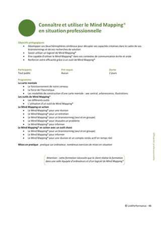 © LinkPerformance - 48
Objectifs pédagogiques
 Développer ses deux hémisphères cérébraux pour décupler ses capacités créatives dans le cadre de vos
brainstormings et de vos recherches de solution
 Savoir utiliser un logiciel de Mind Mapping®
 Etre capable d’utiliser le Mind Mapping® dans vos contextes de communication écrite et orale
 Renforcer votre efficacité grâce à un outil de Mind Mapping®
Participants Pré-requis Durée
Tout public Aucun 2 jours
Programme
La carte mentale
 Le fonctionnement de notre cerveau
 La force de l’heuristique
 Les modalités de construction d’une carte mentale : axe central, arborescence, illustrations
Les outils de Mind Mapping®
 Les différents outils
 L’utilisation d’un outil de Mind Mapping®
Le Mind Mapping en action
 Le Mind Mapping® pour une réunion
 Le Mind Mapping® pour un entretien
 Le Mind Mapping® pour un brainstorming (seul et en groupe)
 Le Mind Mapping® pour résoudre un problème
 Le Mind Mapping® pour informer
Le Mind Mapping® en action avec un outil choisi
 Le Mind Mapping® pour un brainstorming (seul et en groupe)
 Le Mind Mapping® pour informer
 Le Mind Mapping® pour une réunion et un compte-rendu actif en temps réel
Mises en pratique : pratique sur ordinateur, nombreux exercices de mises en situation
Attention : cette formation nécessite que le client réalise la formation
dans une salle équipée d’ordinateurs et d’un logiciel de Mind Mapping®
Efficacitéprofessionnelle
 