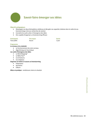 © LinkPerformance - 49
Objectifs pédagogiques
 Développer ses deux hémisphères cérébraux et décupler ses capacités créatives dans le cadre de vos
brainstormings et de vos recherches de solution
 Connaître les outils utiles à l’émergence des idées
 Etre capable d’organiser un brainstorming efficace
Participants Pré-requis Durée
Tout public Aucun 1 jour
Programme
Le cerveau et la créativité
 Le fonctionnement de notre cerveau
 Algorithmique et heuristique
Les outils d’émergence des idées
 Le Mind Mapping®
 Le Méta Plan©
 Les émoticons
 Les chapeaux
Organiser et mettre en œuvre un brainstorming
 Préparation
 Animation
 Clôture
Mises en pratique : nombreuses mises en situation
Efficacitéprofessionnelle
 