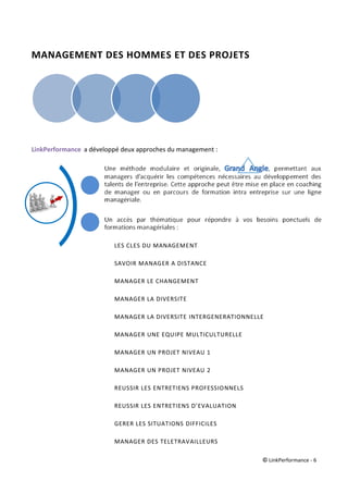 © LinkPerformance - 6
MANAGEMENT DES HOMMES ET DES PROJETS
LinkPerformance a développé deux approches du management :
LES CLES DU MANAGEMENT
SAVOIR MANAGER A DISTANCE
MANAGER LE CHANGEMENT
MANAGER LA DIVERSITE
MANAGER LA DIVERSITE INTERGENERATIONNELLE
MANAGER UNE EQUIPE MULTICULTURELLE
MANAGER UN PROJET NIVEAU 1
MANAGER UN PROJET NIVEAU 2
REUSSIR LES ENTRETIENS PROFESSIONNELS
REUSSIR LES ENTRETIENS D’EVALUATION
GERER LES SITUATIONS DIFFICILES
MANAGER DES TELETRAVAILLEURS
 