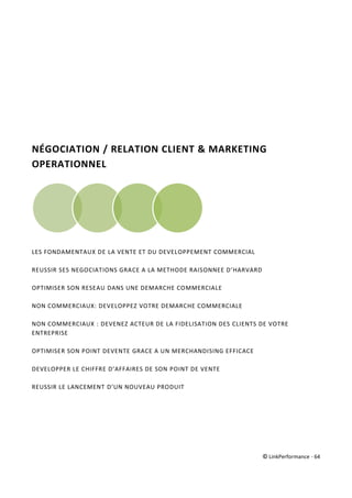 © LinkPerformance - 64
NÉGOCIATION / RELATION CLIENT & MARKETING
OPERATIONNEL
LES FONDAMENTAUX DE LA VENTE ET DU DEVELOPPEMENT COMMERCIAL
REUSSIR SES NEGOCIATIONS GRACE A LA METHODE RAISONNEE D’HARVARD
OPTIMISER SON RESEAU DANS UNE DEMARCHE COMMERCIALE
NON COMMERCIAUX: DEVELOPPEZ VOTRE DEMARCHE COMMERCIALE
NON COMMERCIAUX : DEVENEZ ACTEUR DE LA FIDELISATION DES CLIENTS DE VOTRE
ENTREPRISE
OPTIMISER SON POINT DEVENTE GRACE A UN MERCHANDISING EFFICACE
DEVELOPPER LE CHIFFRE D’AFFAIRES DE SON POINT DE VENTE
REUSSIR LE LANCEMENT D’UN NOUVEAU PRODUIT
 