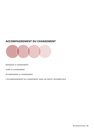 © LinkPerformance - 88
ACCOMPAGNEMENT DU CHANGEMENT
MANAGER LE CHANGEMENT
VIVRE LE CHANGEMENT
ACCOMPAGNER LE CHANGEMENT
L’ACCOMPAGNEMENT DU CHANGEMENT DANS UN PROJET INFORMATIQUE
 