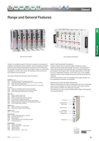 IKUSI · CATALOGUE 2013
ClassA
45
Headends
2
ClassA is a complete range of functional modules for processing of
analogue and digital terrestrial, satellite, cable and baseband signals.
It also includes optical transmitters and receivers and IP streamers.
All modules have identical format and simply to place on a wall-fixing
baseplate or n a 6RU rack-frame. All connection and control ports
are located on the front panel.
The range includes the following types of modules:
COFDM output
TPC : Terrestrial/Cable TV channel processors
STC : DVB-S/S2 to DVB-T transmodulator with Common interface
TGT : DVB-T to DVB-T Regenerator
MTI : DVB-S/S2 to DVB-T transmodulator (IKUSUP bus connector)
IP output
TNS : DVB-T to IP streamer with Common interface
SNS : DVB-S/S2 to IP streamer with Common interface
BNS : A/V to IP streamer with Common interface
AM output
TRF : DVB-T receiver Free To Air
SRF : DVB-S receiver Free To Air
SRC : DVB-S receiver with Common interface
MCP : TV modulator Vestigial Side Band
THC : DVB-T receiver multicrypt with analog signal output
SHC : DVB-S/S2 receiver multicrypt with analog signal output
TBA : FM and DAB Radio amplifier
QAM output
TDI : DVB-T to DVB-C transmodulator
MDI : DVB-S/S2 to DVB-C tansmodulator
QPSK output
SPC : IF-IF converter
Accessories
AMX : 4 way 47-862 MHz active combiner
HMS : Headend Control unit
CFP : Power supply
HPA : 47-862 MHz and 950-2150 MHz amplifier
SPI : Programming unit
Optical ﬁbre
FTD : Optical transmitter
FTR : Optical transmitter — return path
FSP : Optical splitter
FRD : Optical receiver
FRR : Optical receiver — return path
AGILITY AND ADJACENT CHANNELS
ClassA modules feature frequency agility handled by a high-
performance PLL heterodyne double conversion. The broadband
noise floor generated is exceptionally low, so multiple modules can
be installed in the headend with very little deterioration of the CNR.
The use of SAW filters provides, on the other hand, a true vestigial
sideband response that enables frequency planning using adjacent
channels.
These characteristics mean the installations are highly flexible and
the maintenance problems are simplified.
VIDEO/AUDIO LOOP AND BISS OPERATION
ClassA receivers have an external video/audio loop that is switchable
under control software. So, these receivers can be used in scram-
bling systems (vHOTEL from IKUSI, for example).
The receivers can also operate in BISS systems (Basic Interoperable
Scrambling Systems).
Rack mountable ClassA Headend
RF input loop
antenna powering
IKUSUP socket
programming port
led indicators
+12V power cascade
video/audio loop
RF output loop
SRF-112
Range and General Features
Wall ﬁxing ClassA Headend
IPTVCABLE
Available for:
Application example:
Page 131
 