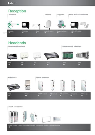 Index
Headends
Terrestrial Satellite
Broadband Amplifiers Single channel Headends
Supports Mast-Head Preamplifiers
FLASHD
10
FLTE Filter
16
Antenna RPA...
19
Radio
18
NBS
30
ONE
34
CBM
33
SZB
36
AFI
33
MZ6
40
Supports, Mast...
21
SBA, APB, JSBA
22
Reception
Modulators
ClassA accessories
ClassA headends
MAC
42
COFDM output
46
IPTV output
54
AM output
60
MAW
44
IF-IF converter
59
QAM output
70
Power supplies, Control unit, Power amplifiers, Programming unit and ClassA accessories
72
page
 