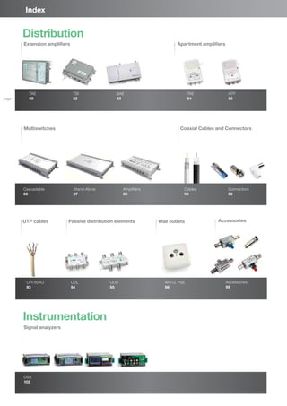 Index
Distribution
Instrumentation
Extension amplifiers Apartment amplifiers
TSI
82
TAE
80
SAE
83
TAE
84
ATP
85
Multiswitches Coaxial Cables and Connectors
Cascadable
86
Stand-Alone
87
Amplifiers
88
Cables
90
Connectors
92
Passive distribution elementsUTP cables Wall outlets Accessories
UDL
94
CPI-604U
93
UDU
95
ARTU, PSE
96
Accessories
99
Signal analyzers
DSA
102
page
 