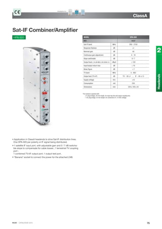IKUSI · CATALOGUE 2013 75
2
Headends
Sat-IF Combiner/Ampliﬁer
HPA-920
• Application in ClassA headends to drive Sat-IF distribution lines.
One HPA-920 per polarity or IF signal being distributed.
• 1 satellite IF input port, with adjustable gain and 0 / 7 dB switcha-
ble slope to compensate for cable losses ; 1 terrestrial TV coupling
port ;
1 combined TV+IF output port; 1 output test port.
• “Banana” socket to connect the power for the attached LNB.
ClassA
Available for:
MODEL HPA-920
REF. 4437
Sat-IF band MHz 950 - 2150
Response ﬂatness dB ±1
Nominal gain dB 40
Continuous gain adjustment dB 0 - 18
Slope switchable dB 0 / 7
Output level (-35 dB IMD3, EN 50083-3) dBμV ≥ 120
Input/output return loss dB ≥ 10
Noise ﬁgure dB < 7
TV band MHz 5 - 862
Output test (TV+IF) dB TV : -30 ±1 ,, IF : -30 ±1.5
Supply voltage VDC +12
Consumption mA 250
Dimensions mm 230 x 195 x 32
The module is packed with:
- 2 F plug bridges, 64 mm length, for input tap line and output coupling line.
- 1 DC plug bridge, 53 mm length, for connection of +12 VDC voltage.
 