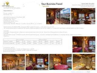 СУНДУК ПОДАРКОВ
СЕЗОН ЗИМА 2013/2014
КАТАЛОГ ПРЕДЛОЖЕНИЙ ДЛЯ КЛИЕНТОВ
КОМПАНИИ «ТВОЙ МИР»
Апартаменты LES GRANGETTES, площадью 60м², имеют 3 спальни и могут вместить 6 гостей.
Эти апартаменты расположены на последнем этаже резиденции (доступ на лифте или по внешней лестнице), в центре курорта, в 50м от трасс.
Гостиная
Гостиная и обеденная зона. 2 балкона, ориентированные на юго-восток. Полностью оборудованная открытая кухня.
Спальня
Двухместная спальня . Главная спальня с ванной комнатой (душ). Спальня с двухъярусной кроватью (2 спальных места). Отдельная душевая с
туалетом.
.
ФРАНЦИЯ. КУРОРТ КУРШАВЕЛЬ.
Апартаменты 6.
Кол-во спален: 2
Кол-во чел: 4+2
Месторасположение: Courchevel 1850
Расстояние от шале до
Подъѐмников: 150 м
Ближайшие склоны: 50 м
Центра курорта: 0 м
Аэропортов: Женева,190км (2 ч. на авто), Милан 350 км ( 4 ч. на авто)
В стоимость входит:
• проживание в шале 7 ночей для 2 взрослых + 4 детей;
• Постельное белье, полотенца, тапочки, средства для душа
• Финальная уборка
January 2014 February 2014
Период, 7 ночей 04/01 11/01 18/01 25/01 01/02 08/02 15/02 22/02
Стоимость, экв EUR 9550 4980 4980 4980 4980 6350 7350 7350
Назад в содержание>>> стр.2
 