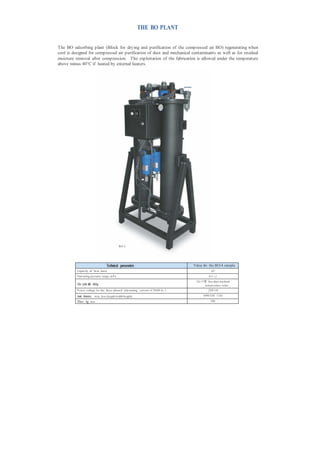 THE BO PLANT


The BO adsorbing plant (Block for drying and purification of the compressed air BO) regenerating when
cool is designed for compressed air purification of dust and mechanical contaminants as well as for residual
moisture removal after compression. The exploitation of the fabrication is allowed under the temperature
above minus 40°C if heated by external heaters.




                                                 BO-4




                                     Technical parameters                          Value for the BO-4 sample
          Capacity , m 3 /m in, more                                                           0,07
          Operating pressure range, m P a                                                    0,3 -1,2
                                                                                    10-15°С less than am bient
          Dew point after drying                                                          tem perature value
          P ower voltage for the three-phased alternating current of 50/60 Hz, V             220/110

          Overall dimensions, m m , less (length/width/height)                           1090/530/ 1165

          Mass, kg, less                                                                      280
 