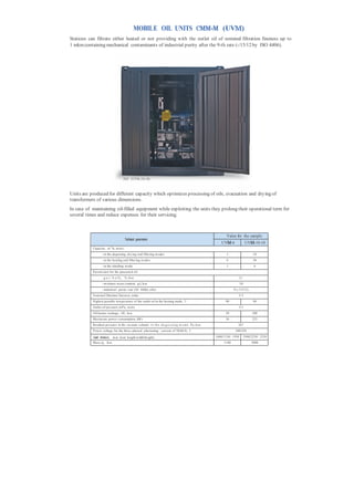 MOBILE OIL UNITS СММ-М (UVМ)
Stations can filtrate either heated or not providing with the outlet oil of nominal filtration fineness up to
1 mkm containing mechanical contaminants of industrial purity after the 9-th rate (-/15/12 by ISO 4406).




                                    СМ М (UVM-10-10)



Units are produced for different capacity which optimizes processing of oils, evacuation and drying of
transformers of various dimensions.
In case of maintaining oil-filled equipment while exploiting the units they prolong their operational term for
several times and reduce expenses for their servicing.



                                                                                                         Value for the sample
                                       Technical parameters
                                                                                                      UVМ-6                 UVМ-10-10
           Capacity , m 3 /h, m ore:
                  - in the degassing, dry ing and filtering m odes                                       1                       10
                  - in the heating and filtering m odes                                                  6                       30
                  - in the nitriding m ode                                                               1                       6
           P aram eters for the processed oil:
                  - g a s b u l k , %, less                                                                          0,1
                  - m oisture m ass content, g/t,, less                                                              10,0
                  - industrial purity rate (ISO 4406), after                                                   9 (-/15/12)
           Nom inal filtration fineness, m km                                                                     3-5
           Highest possible tem perature of the outlet oil in the heating mode, °С                       90                      90
           Outlet oil pressure, m P a, m ore                                                                         0,15
           Oil heater wattage, kWt, less                                                                 30                     200
           Maxim um power consumption, kW t                                                              36                     225
           Residual pressure in the vacuum column i n t h e d e g a s s i n g m o d e, P a, less                  267
           P ower voltage for the three-phased alternating current of 50/60 Hz, V                               380/220

           Overall dimensions, m m , less( length/width/height)                                    1600/1150/ 1930         3500/2250/ 2350
           Mass, kg, less                                                                               1100                    3800
 