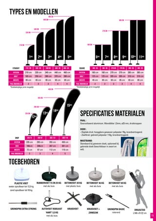 460 cm
440 cm
340 cm
320 cm
210 cm
385 cm
270 cm
160 cm
450 cm
355 cm
295 cm
235 cm
6bUs
7bUs
8bUs
9bUs 10bUs
11bUs
12bUs
13bUs
14bUs
9bUs
15bUs
GRONDPIN BASIC
roterend
PLASTIC VOET
water opvulbaar tot 12,5 kg
zand opvulbaar tot 18 kg
PLASTIC VOET
water opvulbaar tot 12,5 kg
zand opvulbaar tot 18 kg
KRUISVOET
TYPES EN MODELLEN
toebehoren
Specificaties materialen
Square 160 - 45 160 - 65 270-65 270-85 385 - 65 385 - 85
systeem 160 cm 160 cm 270 cm 270 cm 385 cm 385 cm
doek * 125 cm 125 cm 205 cm 205 cm 310 cm 310 cm
breedte 45 cm 65 cm 65 cm 85 cm 65 cm 85 cm
paal onderdelen 2 2 3 3 4 4
STRaight 210 - 65 320 - 65 340-85 440 - 65 460 - 85
systeem 210 cm 320 cm 340 cm 440 cm 460 cm
doek* 165 cm 250 cm 280 cm 370 cm 390 cm
breedte 65 cm 65 cm 85 cm 65 cm 85 cm
paal onderdelen 2 3 3 4 4
RUBBERVOET 15 EN 25 KG
met alu buis
BETONVOET 20 KG
met plastic buis
BETONVOET 46 KG
met alu buis
BETONVOET 69 KG
met alu buis
KRUISVOET +
ZANDZAK
GRONDPIN EXTRA STRONG AUTOVOET ROBUUST
‘HART’ 3,3 KG
met alu buis
DRAAGTAS
L160 x B 22 cm
drop 235-72 295-97 355-112 450-119
systeem 235 cm 295 cm 355 cm 450 cm
doek 166cm 206cm 267 cm 361 cm
breedte 72 cm 97 cm 112 cm 119 cm
paal onderdelen 3 3 4 5
1bUs
2bUs
3bUs
4bUs
5bUs
*Dubbelzijdige print mogelijk *Dubbelzijdige print mogelijk
PAAL :
Geanodiseerd aluminium. Wanddikte 1,5mm, ø25 mm, drukknoppen
DOEK :
- Digitale druk: hoogglans geweven polyester 70g, brandvertragend.
- Zeefdruk: gebreid polyester 110g, brandvertragend.
MASTBAND:
Standaard bij geweven doek, optioneel bij
gebreide doek (beschikbaar in zwart en
wit).
15
 