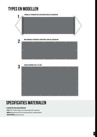 1
2
3
TYPES EN MODELLEN
Specificaties materialen
3 SOORTEN DOEK BESCHIKBAAR
-PVC: PVC, frontlit 510 g/m2
, brandvertragend B1, glanzend
-MESH (geperforeerd PVC): brandvertragend, winddoorlatend
-NON WOVEN: garenloos vlies
TUNNELS, STOKKEN EN ELASTIEKEN AAN DE ZIJKANTEN
MET RINGEN, OPTIONEEL VERSTERKT AAN DE ZIJKANTEN
HERAS BANNER 336 X 175 CM
21
 