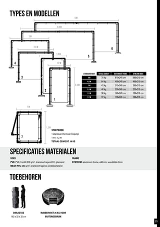 4,8 m
3 m
2,4 m
1,5 m
1,2 m
2,4 m
1 m
1,2 m
6 m
TYPES EN MODELLEN
toebehoren
standaard maat totaal gewicht buitenmaat frame afmeting doek
6 m 70 kg 610x245 cm 588x210 cm
4,8 m 64 kg 490x245 cm 468x210 cm
3 m 42 kg 310x245 cm 288x210 cm
2,4 m 40 kg 250x245 cm 228x210 cm
1,5 m 38 kg 160x245 cm 138x210 cm
1,2 m 37 kg 130x245 cm 108x210 cm
STOEPBORD
1 standaard formaat mogelijk
1 m x 1,2 m
TOTAAL GEWICHT: 14 KG
Specificaties materialen
DOEK
PVC: PVC, frontlit 510 g/m2
, brandvertragend B1, glanzend
MESH PVC: 380 g/m2
, brandvertragend, winddoorlatend
FRAME
SYSTEEM: aluminium frame, ø48 mm, wanddikte 3mm
DRAAGTAS
163 x 32 x 32 cm
RUBBERVOET 25 KG VOOR
BUITENGEBRUIK
1
2
3
4
5
6
7
29
 