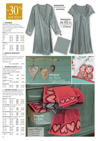 nouveau

          -     30
              SUR TOUT
                                           %                                               le kimono en soie
                                                                                           A. KATERINA




                                                                                                    nouveau
A. KATERINA
vêtements d’intérieur femme
                                                                                                    99€ 69,30€
                                                                                                    la nuisette en soie
Dans des tons gris clair et anthracite, une ligne de
lingerie en satin de soie au plumetis chic et irrésistible !                                        A . KATERINA
100% soie. Lavage main.
Code coloris : (001)
Kimono croisé fermeture par liens, finition bourdon,
ht 95 cm env.
36/38              1865 417        119€          83,30€
40/42              1865 422        119€          83,30€
44/46              1865 438        119€          83,30€
48                 1865 401        119€          83,30€
Nuisette encolure biais un pli creux, finition bourdon,
ht 85 cm env.
36/38              1865 377          99€         69,30€
40/42              1865 382          99€         69,30€
44/46              1865 398          99€         69,30€
48                 1865 361          99€         69,30€

B. CŒURS DE MONTAGNE
3 cœurs
Cœurs en bois, petit et moyen cœurs unis, grand cœur
avec feuillage sculpté, anneau acier et accroche en
chanvre, 3 ht 10, 15, 20 cm
Code coloris : (001)
                 1865 124 (les 3) 15€            10,50€

C. POUPÉES RUSSES éponge
Eponge ciselée de volutes ornée d’un liteau jacquard.
100% coton 600g/m². Lavage à 60°.
2 coloris : rouge ancien (847), gris (396)
Serviette invité
30 x 50           1865 459              5€         3,50€                              nouveau
Serviette
50 x 100          1865 464           12€           8,40€                              15€ 10,50€
2 gants petit liteau uni                                                              les 3 cœurs à suspendre
15 x 21           1865 485 (les 2) 4€              2,80€                              B . CŒURS DE MONTAGNE
Drap de bain
70 x 140          1865 490           22€         15,40€
100 x 150         1865 504           32€         22,40€

D. POUPÉES RUSSES linge de lit
Des poupées russes entourées de motifs fleuris aux
couleurs exaltées évoquant le folklore d’un hiver en
Russie. Percale 100% coton 80 fils/cm². Lavage à 60°.
Code coloris : (001)                                           liteau jacquard
Drap finition ruban satin à pois
180 x 310         1865 525           65€       45,50€
240 x 310         1865 530           85€       59,50€
270 x 310         1865 546           95€       66,50€
Taie d’oreiller finition ruban satin à pois en
encadrement, dos uni vert lagon
50 x 70           1865 551           26€       18,20€
65 x 65           1865 567           27€       18,90€
Taie de traversin finition ruban satin à pois
45 x 150          1865 572           26€       18,20€
45 x 220          1865 588           29€       20,30€
Housse de couette avec cheminée, finition ruban                     nouveau
                                                                    12€ 8,40€
satin à pois en haut, dos uni vert lagon
140 x 200         1865 593           75€       52,50€
200 x 200         1865 607          109€       76,30€               la serviette ciselée
240 x 220         1865 612          125€       87,50€               C . POUPÉES RUSSES
260 x 240         1865 628          145€ 101,50€
Drap-housse uni vert lagon
90 x 190          1865 633           37€       25,90€
140 x 190         1865 649           47€       32,90€          QUALITÉ 600g/m2
160 x 200         1865 654           52€       36,40€
                                                                 pour un mœlleux
Tissu au mètre imprimé
En 280 cm         1865 675           27€       18,90€            et une douceur
                                                                  incomparables
10
 