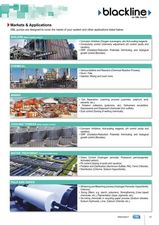 Markets & Applications
OBL pumps are designed to cover the needs of your system and other applications listed below:
•	Corrosion Inhibitors (Oxygen scavengers, etc) Anti-scaling reagents.
•	Conductivity control (chemistry adjustment) pH control (acids and
caustics).
•	ORP (Oxidation-Reduction Potential) Anti-fouling and biological
growth control (Biocides).
BOILERS Water Quality Control
•	Various Additive and Reactors (Chemical Reaction Process).
•	Drum / Tote.
•	Injection, Mixing and much more.
CHEMICAL
• Ore Separation: Leaching process (cyanides, sulphuric acid,
solvents, etc.).
• Flotation collectors (polymers, etc). Defoamers emulsifiers.
Depressants and Dispersant chemicals (Iron sulfide).
• Dust control (Dosing of wetting chemicals).
MINING
•	Corrosion Inhibitors, Anti-scaling reagents, pH control (acids and
caustics).
•	ORP (Oxidation-Reduction Potential) Anti-fouling and biological
growth control (Biocides).
COOLING TOWERS Water Quality Control
•	Whitening and Bleaching process (Hydrogen Peroxide, Hypochlorite,
Chlorine).
• Sizing (fillers, e.g. starch, polymers), Strengthening (Urea based
chemicals, etc.), Pigmentation (dyes, pigments, etc).
• De-inking chemicals in recycling paper process (Sodium silicates,
Sodium Hydroxide, Lime, Calcium Chloride, etc.).
PULP AND PAPER
WATER TREATMENT Chemical Additivation
•	Odors Control (Hydrogen peroxide, Potassium permanganate,
Activated carbon).
•	Ph control (dosing of acids and caustics).
•	Flotation and Clarification (Aluminium Sulfate, PAC, Ferric Chloride).
•	Disinfection (Chlorine, Sodium Hypochlorite).
13oblpumps.it
 