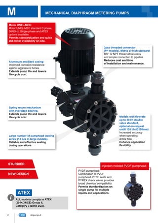 2
MECHANICAL DIAPHRAGM METERING PUMPSM
oblpumps.it
ATEX
ALL models comply to ATEX
(2014/34/CE) Group II,
Category 3 (zone 2/22).
i
PVDF pumphead:
Combination of PVDF
pumphead, PTFE seats and
PYREX check valves provides
broad chemical compatibility.
Permits standardization on
single pump for multiple
liquids and applications.
Injection molded PVDF pumphead:
NEW DESIGN
STURDIER
Motor UNEL-MEC:
Motor UNEL-MEC standard 3 phase,
50/60Hz. Single phase and ATEX
options available.
Permits standardization and quick
std motor availability on site.
Aluminum anodized casing:
Improved corrosion resistance
against aggressive fumes.
Extends pump life and lowers
life-cycle cost.
Large number of pumphead locking
screw (12 pcs in large models).
Reliable and effective sealing
during operations.
Spring return mechanism
with oversized bearing.
Extends pump life and lowers
life-cycle cost. Models with flowrate
up to 50 l/h double
valve standard,
optional on request
untill 155 l/h (Ø108mm):
Increased accuracy
when operating
at low flow.
Enhance application
flexibility.
3pcs threaded connector
(PP models), Metric or Inch standard:
BSP or NPT thread allows easy
and simple connection to pipeline.
Reduces cost and time
of installation and maintenance.
 