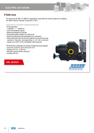 ELECTRIC ACTUATOR
ELECTRIC ACTUATOR CHARACTERISTICS
- IP 66 standard
- 115/230V – 1 – 50/60 Hz
- 4-20 mA feedback signal
- Manual emergency override
- Anticondensation heather (on demand)
- External automatic/manual selector (on demand)
-	Flow-rate limiter (Q.max trimmer) allows to reduce the pump
maximum flow-rate (corresponding to 20 mA command
signal) up to 50% of the nameplate rated capacity.
The flowrate is adjusted according to following input signals:
- 4-20 mA, 0-20 mA, 20-4 mA and 0-10 V
- Pulses (0÷2 Hz - 0÷30 Hz)
- RS 485 communication protocol
- Profibus DP-V0
Safe area
On all pumps M, ME, R, XRN it is possible to automate the control system by installing
the OBL’s electric actuator Z type (ZC or ZP).
OBL DESIGN
24 oblpumps.it
 