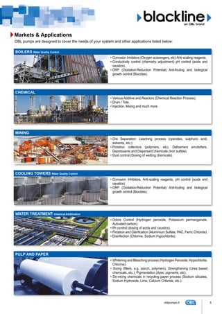 Markets & Applications
OBL pumps are designed to cover the needs of your system and other applications listed below:
•	Corrosion Inhibitors (Oxygen scavengers, etc) Anti-scaling reagents.
•	Conductivity control (chemistry adjustment) pH control (acids and
caustics).
•	ORP (Oxidation-Reduction Potential) Anti-fouling and biological
growth control (Biocides).
BOILERS Water Quality Control
•	Various Additive and Reactors (Chemical Reaction Process).
•	Drum / Tote.
•	Injection, Mixing and much more.
CHEMICAL
•	Ore Separation: Leaching process (cyanides, sulphuric acid,
solvents, etc.).
•	Flotation collectors (polymers, etc). Defoamers emulsifiers.
Depressants and Dispersant chemicals (Iron sulfide).
•	Dust control (Dosing of wetting chemicals).
MINING
•	Corrosion Inhibitors, Anti-scaling reagents, pH control (acids and
caustics).
•	ORP (Oxidation-Reduction Potential) Anti-fouling and biological
growth control (Biocides).
COOLING TOWERS Water Quality Control
•	Whitening and Bleaching process (Hydrogen Peroxide, Hypochlorite,
Chlorine).
• Sizing (fillers, e.g. starch, polymers), Strengthening (Urea based
chemicals, etc.), Pigmentation (dyes, pigments, etc).
• De-inking chemicals in recycling paper process (Sodium silicates,
Sodium Hydroxide, Lime, Calcium Chloride, etc.).
PULP AND PAPER
WATER TREATMENT Chemical Additivation
•	Odors Control (Hydrogen peroxide, Potassium permanganate,
Activated carbon).
•	Ph control (dosing of acids and caustics).
•	Flotation and Clarification (Aluminium Sulfate, PAC, Ferric Chloride).
•	Disinfection (Chlorine, Sodium Hypochlorite).
5oblpumps.it
 