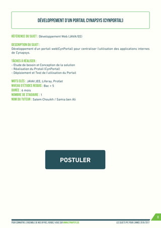 Les sujets PFE pour l’année 2016/2017Pour connaître l’ensemble de nos offres, rendez-vous sur www.cynapsys.de
8
POSTULER
Développement d’un portail Cynapsys (CynPortal)
Référence du sujet : Développement Web (JAVA/EE)
Description du Sujet :
Développement d’un portail web(CynPortal) pour centraliser l’utilisation des applications internes
de Cynapsys.
Tâches à réaliser :
- Etude de besoin et Conception de la solution
- Réalisation du Protail (CynPortal)
- Déploiement et Test de l’utilisation du Portail
Mots clés : JAVA/JEE, Liferay, Protlet
Niveau d’études requis : Bac + 5
Durée : 6 mois
Nombre de stagiaire : 1
Nom du tuteur : Salem Chouikh / Samia ben Ali
 