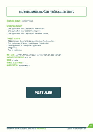 Les sujets PFE pour l’année 2016/2017Pour connaître l’ensemble de nos offres, rendez-vous sur www.cynapsys.de
12
POSTULER
Gestion des immobiliers/école privées/Salle de sports
Référence du sujet : GI/ GEP/GSS	
Description du Sujet :
- Une application pour Gestion des immobiliers
- Une application pour Gestion Ecole privés
- Une application pour Gestion des Salles de sports
Tâches à réaliser :
- Rédaction des documents de spécifications fonctionnelles
- Conception des différents modules de l’application
- Développement et codage de l’application
- Intégration
- Test et validation
Mots clés : ASP.NET, MVC 6, Windows service, WCF, C#, SQL SERVER
Niveau d’études requis : Bac + 5
Durée : 6 mois
Nombre de stagiaire : 1
Nom du tuteur : Hamed KOLSI
 