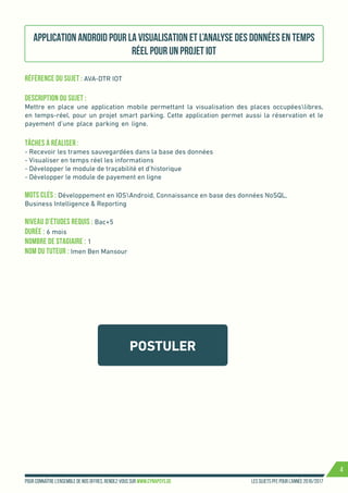 Les sujets PFE pour l’année 2016/2017Pour connaître l’ensemble de nos offres, rendez-vous sur www.cynapsys.de
4
POSTULER
Application Android pour la visualisation et l’analyse des données en temps
réel pour un projet IoT
Référence du sujet : AVA-DTR IOT
Description du Sujet :
Mettre en place une application mobile permettant la visualisation des places occupéeslibres,
en temps-réel, pour un projet smart parking. Cette application permet aussi la réservation et le
payement d’une place parking en ligne.
Tâches à réaliser :
- Recevoir les trames sauvegardées dans la base des données
- Visualiser en temps réel les informations
- Développer le module de traçabilité et d’historique
- Développer le module de payement en ligne
Mots clés : Développement en IOSAndroid, Connaissance en base des données NoSQL,
Business Intelligence  Reporting
Niveau d’études requis : Bac+5
Durée : 6 mois
Nombre de stagiaire : 1
Nom du tuteur : Imen Ben Mansour
 