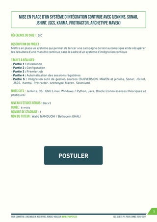 Les sujets PFE pour l’année 2016/2017Pour connaître l’ensemble de nos offres, rendez-vous sur www.cynapsys.de
5
POSTULER
Mise en place d’un système d’intégration continue avec (Jenkins, Sonar,
JSHint, JSCS, Karma, Protractor, Archetype Maven)
Référence du sujet : SIC
Description du projet :
Mettre en place un système qui permet de lancer une campagne de test automatique et de récupérer
les résultats d’une manière continue dans le cadre d’un système d’intégration continue
Tâches à réaliser :
- Partie 1 : Installation
- Partie 2 : Configuration
- Partie 3 : Premier job
- Partie 4 : Automatisation des sessions régulières
- Partie 5 : Intégration outil de gestion sources (SUBVERSION, MAVEN et jenkins, Sonar, JSHint,
JSCS, Karma, Protractor, Archetype Maven, Selenium).
Mots clés : Jenkins, OS : GNU Linux, Windows / Python, Java, Oracle (connaissances théoriques et
pratiques)
Niveau d’études requis : Bac+5
Durée : 6 mois
Nombre de stagiaire : 1
Nom du tuteur : Walid NAMOUCHI / Belkacem GHALI
 