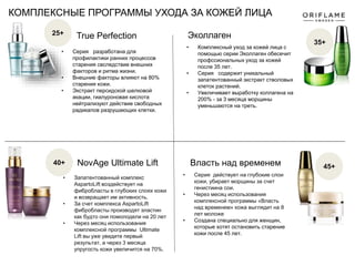 КОМПЛЕКСНЫЕ ПРОГРАММЫ УХОДА ЗА КОЖЕЙ ЛИЦА
True Perfection Эколлаген
Власть над временем
• Серия разработана для
профилактики ранних процессов
старения свследствие внешних
факторов и ритма жизни.
• Внешние факторы влияют на 80%
старения кожи.
• Экстракт персидской шелковой
акации, гиалуроновая кислота
нейтрализуют действие свободных
радикалов разрушающих клетки.
• Комплексный уход за кожей лица с
помощью серии Эколлаген обесечит
профссиональных уход за кожей
после 35 лет.
• Серия содержит уникальный
запатентованный экстракт стволовых
клеток растений.
• Увеличивает выработку коллагена на
200% - за 3 месяца морщины
уменьшаются на треть.
• Серия действует на глубокие слои
кожи, убирает морщины за счет
генистиина сои.
• Через месяц использования
комплексной программы «Власть
над временем» кожа выглядит на 8
лет моложе
• Создана специально для женщин,
которые хотят остановить старение
кожи после 45 лет.
25+
35+
45+NovAge Ultimate Lift
• Запатентованный комплекс
AspartoLift воздействует на
фибробласты в глубоких слоях кожи
и возвращает им активность.
• За счет комплекса AspartoLift
фибробласты производят эластин
как будто они помолодели на 20 лет
• Через месяц использования
комплексной программы Ultimate
Lift вы уже увидите первый
результат, а через 3 месяца
упругость кожи увеличится на 70%.
40+
 