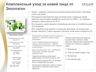 • Серия содержит уникальный запатентованный экстракт стволовых
клеток растений.
• Регулярный комплексный уход за кожей лица с помощью серии
Эколлегн увеличивает выработку коллагена на 200% - за 3 месяца
морщины уменьшаются на 33 %.
• Все продукты серии прошли строжайшие научные и потребительские
тестирования.
• 80% старения кожи зависит от внешних факторов, на которые мы
можем повлиять. Серия подходит для всех типов кожи в возрасте 35+
• Очищающий антивозрастной гель-пенка для
умывания – тщательно удаляет любые
загрязнения.
• Тоник с щадящей формулой идеально
подходит для зрелой кожи – глубокое
тонизирование, возвращает коже гладкость
и эластичность.
• Крем для кожи вокруг глаз – для борьбы с
морщинами, темными кругами и
припухлостями.
• Сыворотка-активатор увеличивает
эффективность основного ухода на 19%
• Дневной крем содержит SPF 15, защищая
кожу от воздействия Уф лучей.
• Ночной крем стимулирует процесс синтеза
собственного коллагена клеток кожи во
время сна.
Только комплексный уход за
кожей лица поможет тебе
достичь наилучших результатов:
4 шага по 2 минуты каждый
день:
1. Очищение
2. Уход за кожей вокруг глаз
3. Активатор
4. Основной уход
Комплексный уход за кожей лица от
Эколлаген
Стр. 82 - 83
Код набора 545327
Очищающий гель-пенка
Код 30141
Антивозрастной тоник
Код 30139
Крем для кожи вокруг глаз
Код 26687
Разглаживающая
сыворотка
Код 30030
Дневной крем
Код 26685
Ночной крем
Код 26686
 