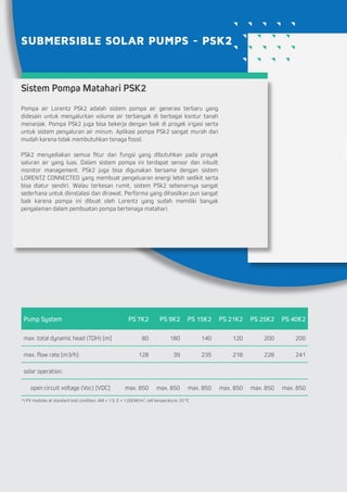 SUBMERSIBLE SOLAR PUMPS - PSK2
Sistem Pompa Matahari PSK2
Pompa air Lorentz PSk2 adalah sistem pompa air generasi terbaru yang
didesain untuk menyalurkan volume air terbanyak di berbagai kontur tanah
menanjak. Pompa PSk2 juga bisa bekerja dengan baik di proyek irigasi serta
untuk sistem penyaluran air minum. Aplikasi pompa PSk2 sangat murah dan
mudah karena tidak membutuhkan tenaga fossil.
PSk2 menyediakan semua fitur dan fungsi yang dibutuhkan pada proyek
saluran air yang luas. Dalam sistem pompa ini terdapat sensor dan inbuilt
monitor management. PSk2 juga bisa digunakan bersama dengan sistem
LORENTZ CONNECTED yang membuat pengeluaran energi lebih sedikit serta
bisa diatur sendiri. Walau terkesan rumit, sistem PSk2 sebenarnya sangat
sederhana untuk diinstalasi dan dirawat. Performa yang dihasilkan pun sangat
baik karena pompa ini dibuat oleh Lorentz yang sudah memiliki banyak
pengalaman dalam pembuatan pompa bertenaga matahari.
Pump System PS 7K2 PS 9K2 PS 15K2 PS 21K2 PS 25K2 PS 40K2
max. total dynamic head (TDH) [m] 80 180 140 120 200 200
max. flow rate [m3/h] 128 39 235 218 228 241
solar operation:
open circuit voltage (Voc) [VDC] max. 850 max. 850 max. 850 max. 850 max. 850 max. 850
*) PV modules at standard test condition: AM = 1.5, E = 1,000W/m², cell temperature: 25 °C
 