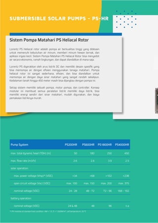 SUBMERSIBLE SOLAR PUMPS - PS-HR
Sistem Pompa Matahari PS Heliacal Rotor
Lorentz PS Heliacal rotor adalah pompa air berkualitas tinggi yang didesain
untuk memenuhi kebutuhan air minum, memberi minum hewan ternak, dan
aplikasi irigasi kecil. Sistem Pompa Matahari PS Heliacal Rotor bisa menyedot
air secara ekonomis, ramah lingkungan, dan dapat diandalkan di mana saja.
Lorentz PS digerakkan oleh arus listrik DC dan memiliki desain spesifik yang
bisa memompa air dengan efisien menggunakan tenaga matahari. Pompa
heliacal rotor ini sangat sederhana, efisien, dan bisa diandalkan untuk
memompa air dengan daya sinar matahari yang sangat rendah sekalipun.
Kedalaman tanah hingga 450 meter masih bisa dijangkau dengan pompa ini.
Setiap sistem memiliki sebuah pompa, motor pompa, dan controller. Konsep
modular ini membuat semua peralatan listrik memiliki daya listrik, bisa
memiliki energi sendiri dari sinar matahari, mudah digunakan, dan biaya
pemakaian listriknya murah.
Pump System PS200HR PS600HR PS1800HR PS4000HR
max. total dynamic head (TDH) [m] 50 180 250 450
max. flow rate [m3/h] 2.6 2.6 3.9 2.5
solar operation:
max. power voltage (Vmp)* [VDC] >34 >68 >102 >238
open circuit voltage (Voc) [VDC] max. 100 max. 150 max. 200 max. 375
nominal voltage [VDC] 24 - 28 48 - 72 72 - 96 168 - 192
battery operation:
nominal voltage [VDC] 24 & 48 48 96 n.a
*) PV modules at standard test condition: AM = 1.5, E = 1,000W/m², cell temperature: 25 °C
 