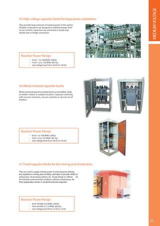 21
MEDIUMVOLTAGE
Reactive Power Range:
 From 1 to 100 MVAr (50Hz);
 From 1.2 to 120 MVAr (60 Hz);
 and voltage level from 36 kV to 145 kV.
Reactive Power Range:
 from 1 to 100 MVAr (50Hz);
 from 1.2 to 120 MVAr (60 Hz);
 and voltage level from 36 kV to 145 kV.
4.5 High voltage capacitor banks for large power substations
They provide large amounts of reactive power to the system.
All bank components are designed to withstand large short-
circuit currents. Capacitors are connected in simple wye,
double wye or bridge connection.
4.6 Metal enclosed capacitor banks
Metal-enclosedcapacitormodules,factory-assembled, ready
to install in indoor or outdoor locations. Capacitor switching
with vacuum contactors, vacuum switches or vacuum circuit
breakers.
Reactive Power Range:
 from 50 kVAr to 6 MVAr (50Hz);
 from 60 kVAr to 7.2 MVAr (60 Hz);
 and voltage level from 2.3 kV to 15 kV.
4.7 Fixed capacitor Banks for the mining and oil industries
They are used to supply reactive power to internal power distribu -
well pumps, oil-pumping stations, etc. Sturdy design to withsta nd
the harshest environmental conditions without maintenance. No
 