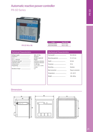 25
Voltage supply ....................................... 380...415 Vac
Frequency .............................................. 50-60 Hz
Cos j ..................................................... 0.8 IND...0.80 CAP
Cos j indicator ..................................... Digital
Tendendy indicator ................................ Luminous indicator
Capacitor status ..................................... Luminous indicator
Connect time .......................................... 5...240 seg.
Programing ............................................ 1:1:1; 1:2:2; 1:2:4:4;
............................................................... 1:2:4:8;
Number of steps .................................... 5, 7
Front panell ............................................ 96 x 96 mm
Mounting aperture ................................. 91 x 91 mm
Depth ..................................................... 65 mm
Protection .............................................. IP 54
Mounting................................................ Brackets
Real connection ..................................... Plug-in connector
Temperature .......................................... -20 + 60 ºC
Weight ................................................... 440...460 g
Technical Characteristics Mechanical Characteristics
Code
REG05DPR5500000
REG07DPR5500000
Tipo PR-5D
PR-5D 5 Steps
PR-5D 7 StepsPR-5D 96 x 96
PR-5D
Automatic reactive power controller
PR-5D Series
Dimensions
 