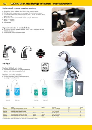 102
CLEAN
FG401544 FG401310
FG401484 FG4015431 FG4015411FG401485
Ref. Descripción Tipo Capacidad Dimensiones Color Embalaje
FG401310 Dispensador automático OneShot®
cromado 17,3 x 25,0 x 35,0 cm 4
Bajo pedido Dispensador automático OneShot®
dorado 4
FG401544 Dispensador manual SoapWorks cromado 17,3 x 25 x 35,0 cm 12
FG401485 Recarga de limpiador hidratante para manos Botella 800 ml 8,2 x 8,2 x 25,0 cm 4
FG4015411 Recarga de limpiador hidratante para manos Botella 1.600 ml 10,4 x 10,4 x 31,0 cm 4
FG401484 Recarga de limpiador para manos con loción Botella 800 ml 8,2 x 8,2 x 25,0 cm 4
FG4015431 Recarga de limpiador para manos con loción Botella 1.600 ml 10,4 x 10,4 x 31,0 cm 4
Los dispensadores One shot necesitan cuatro pilas alcalinas tipo D, suficientes para 120.000 usos (se venden por separado).
Recargas
Limpiador hidratante para manos.
■■ Concentrado y muy delicado, con ingredientes hidratantes
(glicerina y aloe vera) y un suave aroma floral.
Limpiador para manos con loción.
■■ Limpiador para manos suave y con una fresca fragancia
afrutada para lavados frecuentes.
Limpieza avanzada en sistemas integrados en la encimera.
■■ El sistema sin contacto inteligente da un toque de estilo y elegancia al baño.
■■ Más higiene: cada recarga incorpora una bomba y un tubo de alimentación nuevos.
■■ Las avanzadas formulaciones producen una espuma densa y delicada para disfrutar de una
experiencia única.
■■ El contrastado sistema de accionamiento evita las fugas y las obstrucciones.
■■ 800 ml = 1.000 dosis
1.600 ml = 2.000 dosis
■■ Dosis de 0,8 ml
Dispensador automático sin contacto OneShot®
■■ La tecnología con sensor inteligente detecta las manos y activa la dispensación del jabón.
■■ 120.000 ciclos/3 años
■■ Dispensador de jabón accionado manualmente
GARANTÍA DE
POR VIDA
CUIDADO DE LA PIEL: montaje en encimera – manual/automático
 