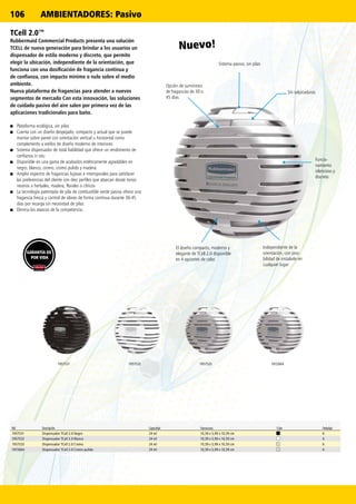 106
1957531 19575331957532 1972664
Nuevo!
TCell 2.0™
Rubbermaid Commercial Products presenta una solución
TCELL de nueva generación para brindar a los usuarios un
dispensador de estilo moderno y discreto, que permite
elegir la ubicación, independiente de la orientación, que
funciona con una dosificación de fragancia continua y
de confianza, con impacto mínimo o nulo sobre el medio
ambiente.
Nueva plataforma de fragancias para atender a nuevos
segmentos de mercado Con esta innovación, las soluciones
de cuidado pasivo del aire salen por primera vez de las
aplicaciones tradicionales para baño.
■■ Plataforma ecológica, sin pilas
■■ Cuenta con un diseño despejado, compacto y actual que se puede
montar sobre pared con orientación vertical u horizontal como
complemento a estilos de diseño moderno de interiores
■■ Sistema dispensador de total fiabilidad que ofrece un rendimiento de
confianza in situ
■■ Disponible en una gama de acabados estéticamente agradables en
negro, blanco, cromo, cromo pulido y madera
■■ Amplio espectro de fragancias lujosas e intemporales para satisfacer
las preferencias del cliente con diez perfiles que abarcan desde tonos
neutros a herbales, madera, florales o cítricos
■■ La tecnología patentada de pila de combustible verde pasiva ofrece una
fragancia fresca y control de olores de forma continua durante 30-45
días por recarga sin necesidad de pilas
■■ Elimina los atascos de la competencia.
Ref. Descripción Capacidad Dimensiones Color Embalaje
1957531 Dispensador TCell 2.0 Negro 24 ml 10,39 x 5,99 x 10,39 cm 6
1957532 Dispensador TCell 2.0 Blanco 24 ml 10,39 x 5,99 x 10,39 cm 6
1957533 Dispensador TCell 2.0 Cromo 24 ml 10,39 x 5,99 x 10,39 cm 6
1972664 Dispensador TCell 2.0 Cromo pulido 24 ml 10,39 x 5,99 x 10,39 cm 6
Sistema pasivo, sin pilas
Funcio-
namiento
silencioso y
discreto
Independiente de la
orientación, con posi-
bilidad de instalarlo en
cualquier lugar
Sin salpicaduras
Opción de suministro
de fragancias de 30 o
45 días
El diseño compacto, moderno y
elegante de TCell 2.0 disponible
en 4 opciones de color.
GARANTÍA DE
POR VIDA
AMBIENTADORES: Pasivo
 