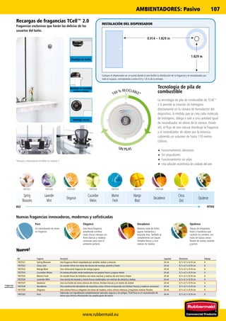 www.rubbermaid.eu
107
0.914 – 1.829 m
1.829 m
195752519575241957529 1957523 19575281957521 195752719575221957526
Spring
Blossoms
Lavender
Mint
Elegance
Cucumber
Melon
Marine
Fresh
Mango
Blast
Decadence
Citrus
Zest
Opulence
Coloque el dispensador en un punto donde el aire facilite la distribución de la fragancia y el neutralizador por
todo el espacio, normalmente a entre 0,9 y 1,8 m de la entrada.
Recargas de fragancias TCell™ 2.0
Fragancias exclusivas que harán las delicias de los
usuarios del baño.
Ref. Fragancia Descripción Capacidad Dimensiones Embalaje
1957521 Spring Blossom Una fragancia floral respaldada por sándalo, ámbar y almizcle 24 ml 9,7 x 4,7 x 9,19 cm 6
1957522 Citrus Zest Un acorde cítrico con notas de cáscara de naranja, pomelo y limón 24 ml 9,7 x 4,7 x 9,19 cm 6
1957523 Mango Blast Una refrescante fragancia de mango jugoso 24 ml 9,7 x 4,7 x 9,19 cm 6
1957524 Cucumber Melon Un aroma afrutado verde exuberante con pepino fresco y jugoso melón 24 ml 9,7 x 4,7 x 9,19 cm 6
1957525 Marine Fresh Un acorde fresco de helechos con notas marinas y matices de aire fresco limpio 24 ml 9,7 x 4,7 x 9,19 cm 6
1957526 Lavender Mint Una mezcla de lavanda y menta fresca combinadas con matices de almizcle y ámbar 24 ml 9,7 x 4,7 x 9,19 cm 6
1957527 Opulence Una rica fusión de notas clásicas de cítricos, hierbas frescas y un núcleo de azahar 24 ml 9,7 x 4,7 x 9,19 cm 6
1957528 Decadence Una combinación decadente de exquisitas notas cítricas enriquecida con hierbas frescas y maderas suntuosas 24 ml 9,7 x 4,7 x 9,19 cm 6
1957529 Elegance Una colonia fresca y elegante con tonos de madera, notas cítricas intensas y exquisitos matices florales 24 ml 9,7 x 4,7 x 9,19 cm 6
1967263 Pure
Fabricado con ingredientes completamente naturales seguros y sin peligro, TCell Pure es un neutralizador de
olores que elimina eficazmente una amplia gama de olores.
24 ml 9,7 x 4,7 x 9,19 cm 6
Tecnología de pila de
combustible
La tecnología de pila de combustible de TCell™
2.0 permite la creación de hidrógeno
directamente en la cámara de formulación del
dispositivo. A medida que se crea cada molécula
de hidrógeno, obliga a salir a una cantidad igual
de neutralizador de olores de la cámara. Desde
ahí, el flujo de aire natural distribuye la fragancia
y el neutralizador de olores por la estancia,
cubriendo un volumen de hasta 170 metros
cúbicos.
•	Funcionamiento silencioso
•	Sin propulsores
•	Funcionamiento sin pilas
•	Una solución económica de cuidado del aire
MILD INTENSE
Opulence
Toques de bergamota,
limón y mandarina que
cautivan los sentidos, con
notas de lujosos ramos
florales de azahar, lavanda
y jazmín.
Decadence
Muestra notas de limón,
jugosa mandarina y
exquisita lima. También se
complementa con toques
herbales frescos y ricos
matices de madera.
Elegance
Esta fresca fragancia
amaderada combina
notas cítricas intensas con
flores blancas y maderas
suntuosas para crear el
ambiente perfecto.
Pure
Un neutralizador de olores
sin fragancia
Nuevas fragancias innovadoras, modernas y sofisticadas
Montaje en techo
Montaje en muebles
(encima o debajo)
Montaje mural
Fragancias
sofisticadas
SIN PILAS
100 % RECICLABLE*
*Recargas y dispensadores reciclables en categoría 7
INSTALACIÓN DEL DISPENSADOR
Nuevo!
AMBIENTADORES: Pasivo
 