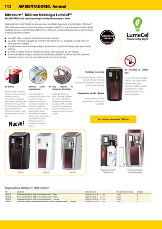 112
1955228 1955229 1955230
Nuevo!
Microburst®
3000 con tecnología LumeCelTM
PRESENTAMOS una nueva tecnología revolucionaria para el baño
Rubbermaid Commercial Products presenta una nueva tecnología revolucionaria en ambientadores: Microburst®
3000, alimentado mediante el sistema de energía recargable LumeCelTM
Con una programación sencilla y flexible
y fiabilidad de primer nivel, Microburst 3000 ofrece un sistema de aire fresco eficaz que ahora resulta más seguro
y mejor para el medio ambiente.
■■ LumeCelTM
captura energía de la iluminación normal en interiores
■■ Las células de energía recargables de LumeCelTM
están hechas con una tecnología de níquel hidruro de
metal totalmente reciclable.
■■ El revolucionario sistema de energía ecológica de LumeCel es la opción más limpia y mejor para el medio
ambiente.
■■ Es 100% reciclable y elimina la necesidad de fabricar, utilizar y desechar las pilas alcalinas.
■■ El sistema energético ecológico, revolucionario y patentado LumeCelTM
se alimenta de forma totalmente
autónoma y funciona de forma garantizada durante al menos quince años.
Dispensador existente
Placa posterior
Cubierta de adaptación
con célula de energía
Ref. Descripción Dimensiones (cm) Peso métrico de envío/caja Embalaje
1955228 Dispensador Microburst®
3000 con tecnología LumeCel™
- Negro 12,06 cm x 20,32 cm x 12,7 cm 3,5 kg 6
1955229 Dispensador Microburst®
3000 con tecnología LumeCel™
- Blanco 12,06 cm x 20,32 cm x 12,7 cm 3,5 kg 6
1955230 Dispensador Microburst®
3000 con tecnología LumeCel™
- Cromado 12,06 cm x 20,32 cm x 12,7 cm 3,5 kg 6
1955293 Cubierta de adaptación de dispensador Microburst®
3000 con tecnología LumeCel™
- Cromado 12,06 cm x 20,32 cm x 12,7 cm 2,5 kg 6
Dispensadores Microburst®
3000 LumeCel™
Sin necesidad de cambiar
pilas
La célula de energía recargable
LumeCel y los paneles solares
avanzados hacen que
Microburst®
3000 se alimente
completamente de forma
autónoma gracias a la luz
natural y de interior.
Sin baterías
Microburst 3000 se alimenta
mediante el sistema de energía
recargable LumeCeltm
,
eliminando la necesidad de
pilas alcalinas. Se alimenta por
completo de forma autónoma
con la iluminación de interiores
(procedente tanto de luz
artificial como natural) y tiene
garantizada una vida útil de 15
años.
Menores costes de
mantenimiento
Cada dispensador de
ambientación Microburst 3000
se alimenta de manera
autónoma y funciona sin
necesidad de instalación. Se
elimina la necesidad de
comprar, almacenar, sustituir y
desechar pilas. Además,
prácticamente no requiere
mantenimiento, lo que reduce
la posibilidad de que se
produzcan percances o
accidentes en el lugar de
trabajo.
Bajo impacto de
eliminación de residuos
Los paneles solares y la
célula de energía recargable
de LumeCel contribuyen a
proteger el medio ambiente
ya que son 100% reciclables,
lo que reduce notablemente
las tasas de vertederos y las
tasas por eliminación de pilas
alcalinas.
Tecnología innovadora
Funciones proactivas que indican los
días que faltan para recargar,
indicador de sustitución de la fragancia
y aviso acústico opcional
Programación sencilla y flexible
Máximo control de costes,
prográmelo en función de sus
necesidades
GARANTÍA DE
POR VIDA
Luz mínima requerida: 300 lux
AMBIENTADORES: Aerosol
 