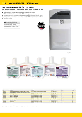 116
R0120013
Ref. Descripción Capacidad Dimensiones Color Embalaje
R0120013 Dispensador de pulverización con bomba (Esprit IV) blanco 310 ml (recarga de pulverización con bomba) 12,2 x 8,8 x 22,1 cm 6
R0610005 Cierre con llave para dispensador de pulverización con bomba 24
R0320004 Recarga Expressions 300 ml, pulverización con bomba 4,5 x 10,0 x 15,5 cm 12
R0320043 Recarga de Tranquil Sense 300 ml, pulverización con bomba 4,5 x 10,0 x 15,5 cm 12
R0320042 Recarga de Vibrant Sense 300 ml, pulverización con bomba 4,5 x 10,0 x 15,5 cm 12
R0320007 Recarga de Inspirations 300 ml, pulverización con bomba 4,5 x 10,0 x 15,5 cm 12
R0320006 Recarga de Floral Sense 300 ml, pulverización con bomba 4,5 x 10,0 x 15,5 cm 12
R0320024 Recarga de Illusions 300 ml, pulverización con bomba 4,5 x 10,0 x 15,5 cm 12
R0320001 Perceptions 300 ml, pulverización con bomba 4,5 x 10,0 x 15,5 cm 12
R0320015 Reflections 300 ml, pulverización con bomba 4,5 x 10,0 x 15,5 cm 12
El dispensador de pulverización con bomba necesita dos pilas alcalinas tipo D que duran hasta tres años (se venden por separado).
SISTEMA DE PULVERIZACIÓN CON BOMBA
Una fantástica alternativa a los sistemas de aerosol para el tratamiento del aire
■■ Ideal para adaptar los niveles de fragancia a las necesidades de cada espacio
■■ Efectivo control de los malos olores: más de 50 días por recarga
■■ Elimina los malos olores en lugar de limitarse a taparlos gracias al neutralizador de malos olores.
■■ La amplia gama de exclusivas y duraderas fragancias será recibida con entusiasmo por sus clientes.
■■ Pulverizado: 100 μl
Opciones de programación:
día / noche / opción 24 horas
Intervalo variable: entre 5 y 25 min.
GARANTÍA DE
POR VIDA
AMBIENTADORES: NON-Aerosol
 
