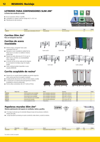 12
6921
FG782200BEIG
Ref. Código de color Descripción Material Dimensiones Capacidad Color Embalaje
FG782200 BEIG Papelera mural Slim Jim®
Polipropileno (base)/ABS (tapa) 49,5 x 30,2 x 82,9 cm 56.8 l 1
Ref. Descripción Material Dimensiones Color Embalaje
1898335 Letreros para contenedores Slim Jim®
Policarbonato 23 x 3.5 x 42 cm 1
LETREROS PARA CONTENEDORES SLIM JIM®
La forma más sencilla de reciclar
■■ No son necesarios orificios ni tornillos
■■ Compatible con cualquier cartel de reciclaje A4 (21 x 29,7 cm)
■■ Policarbonato de alta resistencia
Papeleras murales Slim Jim®
Máxima optimización del espacio en vestíbulos, baños y pasillos.
■■ El montaje mural evita que el contenedor bloquee el paso de las personas y facilita la
limpieza del suelo.
■■ La tapa basculante accionada por resorte controla los malos olores y oculta los residuos.
6921
Ref. Código de color Descripción Material Dimensiones Color Embalaje
1968468 Carrito sencillo de acero inoxidable Acero inoxidable y poliuretano 50.8 x 23.6 x 22.8 cm 2
1956191 Carrito doble de acero inoxidable Acero inoxidable y poliuretano 50.8 x 52.3 x 22.8 cm 1
1956192 Carrito triple de acero inoxidable Acero inoxidable y poliuretano 50.8 x 82.5 x 22.8 cm 1
1956193 Carrito cuádruple de acero inoxidable Acero inoxidable y poliuretano 50.8 x 111.7 x 22.8 cm 1
R050528 Carrito de acero revestido Acero revestido y poliuretano 51.6 x 23.6 x 24.1 cm 2
1980602 Carrito acoplable de resina Polipropileno 60.6 x 37.4 x 21.2 cm 2
Carritos Slim Jim®
Para un transporte más fácil.
Carritos de acero
inoxidable
■■ Permite recoger y transportar hasta cuatro
contenedores Slim Jim®
■■ Fabricado en acero inoxidable de calidad fácil de
limpiar que no se oxida ni se abolla en entornos
profesionales
■■ Dispone de ruedas silenciosas de 7,6 cm que no
dejan marcas y permiten una maniobrabilidad
suave y silenciosa
■■ La función de freno de las ruedas permite disponer
de una estación de reciclaje y lugar de recogida
estable
■■ Carrito individual también disponible en acero
revestido (R050528)
Carrito acoplable de resina*
■■ Dispone de una conexión lateral acoplable que permite enganchar
varios carritos para fines de recogida y transporte
■■ El pedal permite desconectar los carritos de forma rápida y sencilla
■■ La construcción con espuma estructural garantiza la máxima
durabilidad en entornos profesionales
■■ Permite utilizar contenedores Slim Jim®
de 60 y 87 litros
Carrito sencillo Carrito doble
Carrito triple Carrito cuádruple
*Los carritos se venden por separado
RESIDUOS: Reciclaje
 