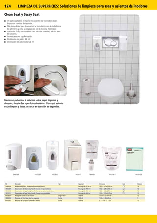 124
*
RVU381718552043486589 1853911 18840021853850 RVU9503
Clean Seat y Spray Seat
■■ Un salto cualitativo en higiene: los asientos de los inodoros están
limpios en cuestión de segundos.
■■ Más tranquilidad para los usuarios: la formulación con alcohol elimina
los gérmenes y evita su propagación con la máxima efectividad.
■■ Aplicación fácil y secado rápido: una solución cómoda y práctica para
los usuarios.
■■ Formato espuma y pulverización.
■■ Dosificación de jabón: 0,4 ml
■■ Dosificación de pulverizado 0,2 ml
Basta con pulverizar la solución sobre papel higiénico y,
después, limpiar las superficies deseadas. El asa y el asiento
están limpios y listos para usar en cuestión de segundos.
Ref. Descripción Tipo Capacidad Dimensiones Color Embalaje
3486589 Rubbermaid Flex™ Dispensador manual blanco Recarga de 5 00 ml 10.0 x 12.7 x 22.0 cm 10
1855204 Dispensador de Clean Seat y Handle Cleaner en espuma blanco Recarga de 400 ml 14,0 x 12,8 x 20,5 cm 12
1853850 Dispensador de Spray Seat y Handle Cleaner con pulverización blanco Recarga de 400 ml 13,5 x 10,5 x 21,4 cm 12
1853911 Dispensador de Spray Seat y Handle Cleaner acero inoxidable Recarga de 400 ml 13,0 x 11,0 x 21,5 cm 12
RVU9503 Recarga de Clean Seat en espuma Bag-in-box 400 ml 11,1 x 5,6 x 15,1 cm 12
1884002 Recarga de Flex Clean Seat en espuma Bolsa 500 ml 11.3 x 5.08 x 25 cm 5
RVU3817 Recarga de Spray Seat y Handle Cleaner Bolsa 400 ml 9.5 x 7.0 x 12.5 cm 12
LIMPIEZA DE SUPERFICIES: Soluciones de limpieza para asas y asientos de inodoros
 