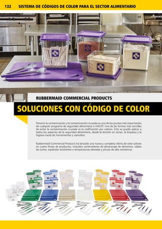 132
SOLUCIONES CON CÓDIGO DE COLOR
Prevenir la contaminación y la contaminación cruzada es uno de los puntos más importantes
de cualquier programa de seguridad alimentaria o HACCP. Una de las formas más sencillas
de evitar la contaminación cruzada es la codificación por colores. Esto se puede aplicar a
todos los aspectos de la seguridad alimentaria, desde la división en zonas, la limpieza y la
higiene hasta las herramientas y utensilios.
Rubbermaid Commercial Products ha lanzado una nueva y completa oferta de siete colores
en cuatro líneas de productos, incluidos contenedores de almacenaje de alimentos, tablas
de cortar, espátulas resistentes a temperaturas elevadas y pinzas de alta resistencia.
RUBBERMAID COMMERCIAL PRODUCTS
SISTEMA DE CÓDIGOS DE COLOR PARA EL SECTOR ALIMENTARIO
 