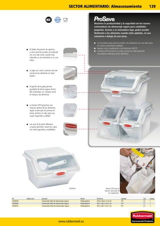 www.rubbermaid.eu
139
2020978
■■ Las asas de la parte delantera
y trasera permiten mover los cubos
con total seguridad y estabilidad.
■■ La barrera FIFO garantiza una
rotación óptima de los alimentos,
según el principio de primero en
entrar primero en salir, para una
mayor seguridad y calidad.
■■ El gancho de la pala permite
guardarla de forma segura dentro
del contenedor, sin contacto entre
el mango y los alimentos.
■■ La tapa con cierre a presión permite
conservar los alimentos en buen
estado.
Ref. Código de color Descripción Material Dimensiones Capacidad Color Embalaje
2020978 Contenedor Mini de almacenaje seguro Polipropileno 29,8 x 38,0 x 21,6 cm 10 l 1
2020959 Contenedor Midi de almacenaje seguro Polipropileno 59,7 x 29,3 x 42,7 cm 24 l 1
2020972 Contenedor Maxi de almacenaje seguro Polipropileno 59,7 x 48,7 x 42,7 cm 47 l 1
Barrera FIFO para la
rotación adecuada de
los ingredientes.
Maximice la productividad y la seguridad con los nuevos
contenedores de almacenaje seguro para cantidades
pequeñas. Gracias a su innovadora tapa, podrá acceder
fácilmente a los alimentos cuando estén apilados, en una
estantería o debajo de una mesa.
■■ La innovadora tapa permite acceder a los alimentos con una sola mano
con varios contenedores apilados.
■■ Ayudan a dar cumplimiento a las directrices HACCP.
■■ La barrera FIFO (primero en entrar, primero en salir) garantiza
una rotación adecuada de los alimentos.
■■ El doble mecanismo de apertura
y cierre permite acceder al contenido
con una sola mano cuando está
colocado en una estantería o en una
mesa.
SECTOR ALIMENTARIO: Almacenamiento
 