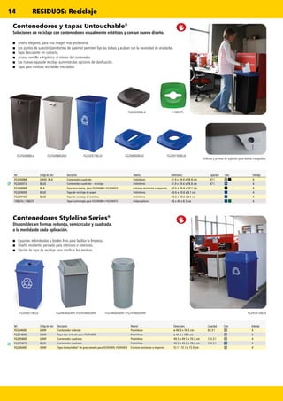 14
FG356988BLA FG356988GRAY FG356973BLUE FG269100BLUEFG269000BLUE
1788375FG268988BLA
FG395873BLUEFG354600GRAY / FG354800GRAYFG266400GRAY /FG395800GRAYFG395873BLUE
Ref. Código de color Descripción Material Dimensiones Capacidad Color Embalaje
FG356988 GRAY, BLA Contenedor cuadrado Polietileno 41.9 x 39.4 x 78.8 cm 87 l 4
FG356973 BLUE Contenedor cuadrado – reciclaje Polietileno 41.9 x 39.4 x 78.8 cm 87 l 4
FG268988 BLA Tapa basculante, para FG356988+FG356973 Estireno resistente a impactos 40.6 x 40.6 x 10.1 cm 4
FG269000 BLUE Tapa de reciclaje de papel Polietileno 40.6 x 40.6 x 8.1 cm 4
FG269100 BLUE Tapa de reciclaje de botellas Polietileno 40.6 x 40.6 x 8.1 cm 4
1788374 / 1788375 Tapa Commingle para FG356988+FG356973 Polipropileno 40 x 40 x 8.3 cm 4
Ref. Código de color Descripción Material Dimensiones Capacidad Color Embalaje
FG354600 GRAY Contenedor redondo Polietileno ø 40.0 x 76.5 cm 83.3 l 4
FG354800 GRAY Tapa tipo embudo para FG354600 Polietileno ø 41.3 x 10.1 cm 4
FG395800 GRAY Contenedor cuadrado Polietileno 49.5 x 49.5 x 70.2 cm 132.5 l 4
FG395873 BLUE Contenedor cuadrado Polietileno 49.5 x 49.5 x 70.2 cm 132.5 l 4
FG266400 GRAY Tapa Untouchable®
de gran tamaño para FG395800, FG395873 Estireno resistente a impactos 51.1 x 51.1 x 15.9 cm 4
Orificios y puntos de sujeción para bolsas integrados.
Contenedores Styleline Series®
Disponibles en formas redonda, semicircular y cuadrada,
a la medida de cada aplicación.
■■ Esquinas redondeadas y bordes lisos para facilitar la limpieza.
■■ Diseño resistente, pensado para interiores o exteriores.
■■ Opción de tapa de reciclaje para clasificar los residuos.
Contenedores y tapas Untouchable®
Soluciones de reciclaje con contenedores visualmente estéticos y con un nuevo diseño.
■■ Diseño elegante, para una imagen más profesional.
■■ Los puntos de sujeción (pendientes de patente) permiten fijar las bolsas y acaban con la necesidad de anudarlas.
■■ Tapa basculante sin contacto.
■■ Acceso sencillo e higiénico al interior del contenedor.
■■ Las nuevas tapas de reciclaje aumentan las opciones de clasificación.
■■ Tapa para residuos reciclables mezclados.
RESIDUOS: Reciclaje
 