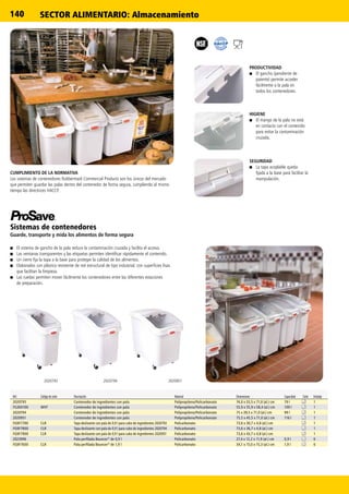 140
202095120207942020793
SECTOR ALIMENTARIO: Almacenamiento
PRODUCTIVIDAD
■■ El gancho (pendiente de
patente) permite acceder
fácilmente a la pala en
todos los contenedores.
HIGIENE
■■ El mango de la pala no está
en contacto con el contenido
para evitar la contaminación
cruzada.
SEGURIDAD
■■ La tapa acoplable queda
fijada a la base para facilitar la
manipulación.
Sistemas de contenedores
Guarde, transporte y mida los alimentos de forma segura
■■ El sistema de gancho de la pala reduce la contaminación cruzada y facilita el acceso.
■■ Las ventanas transparentes y las etiquetas permiten identificar rápidamente el contenido.
■■ Un cierre fija la tapa a la base para proteger la calidad de los alimentos.
■■ Elaborados con plástico resistente de red estructural de tipo industrial, con superficies lisas
que facilitan la limpieza.
■■ Las ruedas permiten mover fácilmente los contenedores entre las diferentes estaciones
de preparación.
CUMPLIMIENTO DE LA NORMATIVA
Los sistemas de contenedores Rubbermaid Commercial Products son los únicos del mercado
que permiten guardar las palas dentro del contenedor de forma segura, cumpliendo al mismo
tiempo las directrices HACCP.
Ref. Código de color Descripción Material Dimensiones Capacidad Color Embalaje
2020793 Contenedor de ingredientes con pala Polipropileno/Policarbonato 74,0 x 33,5 x 71,0 (al.) cm 79 l 1
FG360100 WHT Contenedor de ingredientes con pala Polipropileno/Policarbonato 55,9 x 55,9 x 58,4 (al.) cm 109 l 1
2020794 Contenedor de ingredientes con pala Polipropileno/Policarbonato 75 x 39,5 x 71,0 (al.) cm 99 l 1
2020951 Contenedor de ingredientes con pala Polipropileno/Policarbonato 75,5 x 45,5 x 71,0 (al.) cm 116 l 1
FG9F7700 CLR Tapa deslizante con pala de 0,9 l para cubo de ingredientes 2020793 Policarbonato 73,6 x 30,7 x 4,8 (al.) cm 1
FG9F7800 CLR Tapa deslizante con pala de 0,9 l para cubo de ingredientes 2020794 Policarbonato 73,6 x 36,7 x 4,8 (al.) cm 1
FG9F7900 CLR Tapa deslizante con pala de 0,9 l para cubo de ingredientes 2020951 Policarbonato 73,6 x 43,7 x 4,8 (al.) cm 1
2023996 Pala perfilada Bouncer®
de 0,9 l Policarbonato 27,4 x 12,2 x 11,9 (al.) cm 0,9 l 6
FG9F7600 CLR Pala perfilada Bouncer®
de 1,9 l Policarbonato 34,1 x 15,0 x 15,3 (al.) cm 1,9 l 6
 