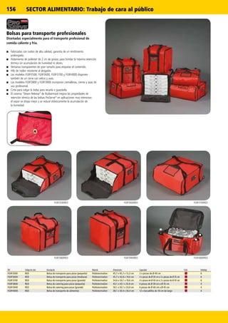 156
FG9F3500RED FG9F3700REDFG9F3600RED
FG9F3800RED FG9F3900RED FG9F4000RED
Bolsas para transporte profesionales
Diseñadas especialmente para el transporte profesional de
comida caliente y fría.
■■ Fabricadas con nailon de alta calidad, garantía de un rendimiento
prolongado.
■■ Aislamiento de poliéster de 2 cm de grosor, para brindar la máxima retención
térmica sin acumulación de humedad ni olores.
■■ Ventanas transparentes de gran tamaño para etiquetar el contenido.
■■ Hilo de nailon resistente al desgaste.
■■ Los modelos FG9F3500, FG9F3600, FG9F3700 y FG9F4000 disponen
también de un cierre con velcro y asas.
■■ Los modelos FG9F3800 y FG9F3900 incorporan cremalleras, cierres y asas de
uso profesional.
■■ Cinta para colgar la bolsa para secarla o guardarla.
■■ El sistema “Steam Release” de Rubbermaid mejora las propiedades de
retención térmica de las bolsas ProServe®
en aplicaciones muy intensivas:
el vapor se disipa mejor y se reduce drásticamente la acumulación de
la humedad.
Ref. Código de color Descripción Material Dimensiones Capacidad Color Embalaje
FG9F3500 RED Bolsa de transporte para pizza (pequeña) Poliéster/nailon 45,7 x 45,7 x 13,3 cm 2 x pizzas de Ø 40 cm 6
FG9F3600 RED Bolsa de transporte para pizza (mediana) Poliéster/nailon 45,7 x 43,8 x 19,6 cm 4 x pizzas de Ø 30 cm o 3 x pizzas de Ø 35 cm 6
FG9F3700 RED Bolsa de transporte para pizza (grande) Poliéster/nailon 54,6 x 50,1 x 19,6 cm 4 x pizzas de Ø 40 cm o 3 x pizzas de Ø 45 cm 6
FG9F3800 RED Bolsa de catering para pizza (pequeña) Poliéster/nailon 43,1 x 43,1 x 33,0 cm 6 pizzas de Ø 30 cm a Ø 35 cm 4
FG9F3900 RED Bolsa de catering para pizza (grande) Poliéster/nailon 50,1 x 50,1 x 33,0 cm 6 pizzas de Ø 40 cm a Ø 45 cm 4
FG9F4000 RED Bolsa de transporte de alimentos Poliéster/nailon 38,1 x 30,4 x 30,4 cm 12 x bocadillos de 30 cm de largo 4
SECTOR ALIMENTARIO: Trabajo de cara al público
 
