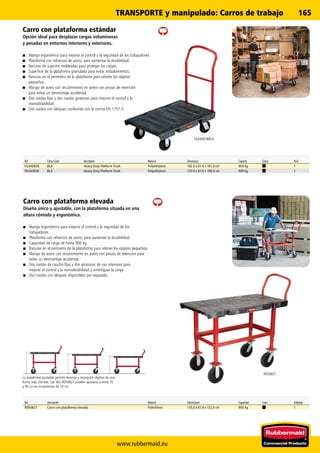 www.rubbermaid.eu
165
FG440658BLA
R050827
Ref Colour Code Description Material Dimensions Capacity Colour Pack
FG440658 BLA Heavy Duty Platform Truck Polyethylene 102.0 x 61.0 x 101.0 cm 900 kg 1
FG443658 BLA Heavy Duty Platform Truck Polyethylene 133.0 x 61.0 x 106.0 cm 900 kg 1
Ref. Descripción Material Dimensiones Capacidad Color Embalaje
R050827 Carro con plataforma elevada Polietileno 133,0 x 61,0 x 122,0 cm 900 kg 1
TRANSPORTE y manipulado:Carros de trabajo
Carro con plataforma estándar
Opción ideal para desplazar cargas voluminosas
y pesadas en entornos interiores y exteriores.
■■ Mango ergonómico para mejorar el control y la seguridad de los trabajadores.
■■ Plataforma con refuerzos de acero, para aumentar la durabilidad.
■■ Ranuras de sujeción moldeadas para proteger las cargas.
■■ Superficie de la plataforma granulada para evitar resbalamientos.
■■ Ranuras en el perímetro de la plataforma para retener los objetos
pequeños.
■■ Mango de acero con recubrimiento en polvo con pinzas de retención
para evitar un desmontaje accidental.
■■ Dos ruedas fijas y dos ruedas giratorias para mejorar el control y la
maniobrabilidad.
■■ Dos ruedas con bloqueo conformes con la norma EN 1757-3.
Carro con plataforma elevada
Diseño único y ajustable, con la plataforma situada en una
altura cómoda y ergonómica.
■■ Mango ergonómico para mejorar el control y la seguridad de los
trabajadores.
■■ Plataforma con refuerzos de acero, para aumentar la durabilidad.
■■ Capacidad de carga de hasta 900 kg.
■■ Ranuras en el perímetro de la plataforma para retener los objetos pequeños.
■■ Mango de acero con recubrimiento en polvo con pinzas de retención para
evitar un desmontaje accidental.
■■ Dos ruedas de caucho fijas y dos giratorias de uso intensivo para
mejorar el control y la maniobrabilidad y amortiguar la carga.
■■ Dos ruedas con bloqueo disponibles por separado.
La plataforma ajustable permite levantar y manipular objetos de una
forma más cómoda. Las SKU R050827 pueden ajustarse a entre 70
y 90 cm en incrementos de 10 cm.
 