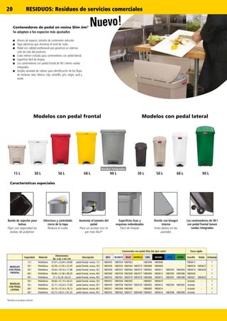 20
15 L 30 L 50 L 68 L 90 L 30 L 50 L 68 L 90 L
Contenedores de pedal en resina Slim Jim®
Se adaptan a los espacios más ajustados
■■ Ahorro de espacio, tamaño de contenedor reducido
■■ Tapa silenciosa que minimiza el nivel de ruido.
■■ Pedal con calidad profesional que garantiza un extenso
ciclo de vida del producto.
■■ Cubo interior incluido para contenedores con pedal lateral.
■■ Superficie fácil de limpiar.
■■ Los contenedores con pedal frontal de 90 l tienen ruedas
integradas
■■ Amplia variedad de colores para identificación de los flujos
de residuos: beis, blanco, rojo, amarillo, gris, negro, azul y
verde.
Contenedor con pedal Slim Jim (por color) Forro rígido
Capacidad Material
Dimensiones
(la. x an. x al.) cm
Descripción BEIS BLANCO ROJO AMARILLO GRIS NEGRO AZUL VERDE Sencillo Doble Embalaje
MODELOS
CON PEDAL
FRONTAL
15 l Polietileno 37,67 x 23,04 x 39,88 pedal frontal, resina, 15 l 1883455 1883554 1883563 - 1883599 1883608 - - 1883617 - 1
30 l Polietileno 42,49 x 27,05 x 53,59 pedal frontal, resina, 30 l 1883456 1883555 1883564 1883573 1883600 1883609 - - 1883618 1883627 1
50 l Polietileno 45,64 x 29,16 x 71,88 pedal frontal, resina, 50 l 1883458 1883557 1883566 1883575 1883602 1883611 1883593 1883584 1883619 1883628 1
68 l Polietileno 49,96 x 31,06 x 80,26 pedal frontal, resina, 68 l 1883460 1883559 1883568 1883577 1883604 1883613 1883595 1883586 1883620 - 1
90 l Polietileno 57 x 35,28 x 82,55 pedal frontal, resina, 90 l 1883552 1883561 1883570 1883579 1883606 1883615 1883597 1883588 1883621 1883629 1
MODELOS
CON PEDAL
LATERAL
30 l Polietileno 49,66 x 31,14 x 56,57 pedal frontal, resina, 30 l 1883457 1883556 1883565 - 1883601 1883610 - - incluido - 1
50 l Polietileno 52,71 x 34,34 x 72,09 pedal lateral, resina, 50 l 1883459 1883558 1883567 1883576 1883603 1883612 1883594 1883585 incluido - 1
68 l Polietileno 56,16 x 37,34 x 78,13 pedal lateral, resina, 68 l 1883551 1883560 1883569 - 1883605 1883614 - - incluido - 1
90 l Polietileno 63,73 x 40,31 x 81,33 pedal lateral, resina, 90 l 1883553 1883562 1883571 1883580 1883607 1883616 1883598 1883589 incluido - 1
Modelos con pedal frontal Modelos con pedal lateral
Ruedas integradas
*Basado en pruebas internas
Características especiales
Banda de sujeción para
bolsas
Fijan con seguridad las
bolsas de polyliner
Silencioso y controlado
cierre de la tapa
Reduce el ruido
Aumenta el tamaño del
pedal
Para un acceso con el
pie más fácil*
Superficies lisas y
esquinas redondeadas
Fácil de limpiar
Diseño con bisagra
interna
Evita daños en las
paredes
Los contenedores de 90 l
con pedal frontal tienen
ruedas integradas
Nuevo!
RESIDUOS: Residuos de servicios comerciales
 