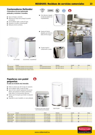 www.rubbermaid.eu
23
6921
FGST12EPLWH FGST24EPLWH / FGQDAMPERKIT
FGMST15SSPLFGMST7EGLWH
Papeleras con pedal
pequeñas
El cubo con el diseño más innovador.
■■ Pedal sin contacto para abrir la tapa con autocierre.
■■ Forro de plástico rígido a prueba de fugas.
■■ Tapa con cierre a presión superpuesta a la junta de
plástico, para garantizar el máximo control de los
malos olores y un funcionamiento silencioso.
■■ Práctica asa de transporte para facilitar la colocación
del cubo.
■■ Disponible en acero inoxidable o en acero prelacado.
La bisagra de acero puede utilizarse
como resistente asa de transporte.
Ref. Descripción Material Dimensiones Capacidad Color Embalaje
FGST12EPLWH Contenedores Defender (con forro de plástico) Acero galvanizado prelacado 30,5 x 30,5 x 58,4 cm 45 l 1
FGST24EPLWH Contenedores Defender (con forro de plástico) Acero galvanizado prelacado 38,1 x 38,1 x 76,2 cm 90 l 1
FGQDAMPERKIT Tapa con amortiguación para cualquier tamaño 1
Ref. Descripción Material Dimensiones Capacidad Color Embalaje
FGMST15EPLWH Papelera con pedal pequeña (con forro de plástico) Acero prelacado Ø 25,5 x 33,5 cm 5,6 l 1
FGMST15SSPL Papelera con pedal pequeña (con forro de plástico) Acero inoxidable Ø 25,5 x 33,5 cm 5,6 l 1
FGMST35EPLWH Papelera con pedal pequeña (con forro de plástico) Acero prelacado Ø 29,2 x 43,5 cm 13,2 l 1
FGMST35SSPL Papelera con pedal pequeña (con forro de plástico) Acero inoxidable Ø 29,2 x 43,5 cm 13,2 l 1
FGMST7EGLWH Papelera con pedal pequeña (con forro galvanizado) Acero prelacado Ø 33,0 x 70,0 cm 30,3 l 1
FGMST7SSGL Papelera con pedal pequeña (con forro galvanizado) Acero inoxidable Ø 33,0 x 70,0 cm 30,3 l 1
■■ El pedal impide la
contaminación cruzada.
■■ Soportes de fijación
plegables para retener la
bolsa de forma segura.
■■ Cierre silencioso integrado
en todos los tamaños (con
FGQDAMPERKIT)..
Contenedores Defender
Contenedores de acero galvanizado
prelacado y resistentes a incendios.
■■ Tapa con bisagra y autocierre.
■■ Mecanismo de apoyo para proteger las paredes
y el producto.
■■ Forro de plástico rígido a prueba de fugas.
■■ Resistente a incendios y autoextinguible.
■■ Ideal para entornos sanitarios.
RESIDUOS: Residuos de servicios comerciales
 